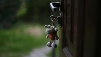 a key chain hanging from a door handle